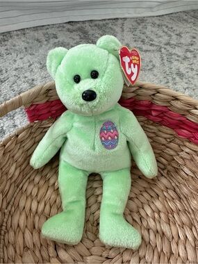 Ty Light Green Plush Bear with Embroidered Colorful Egg
